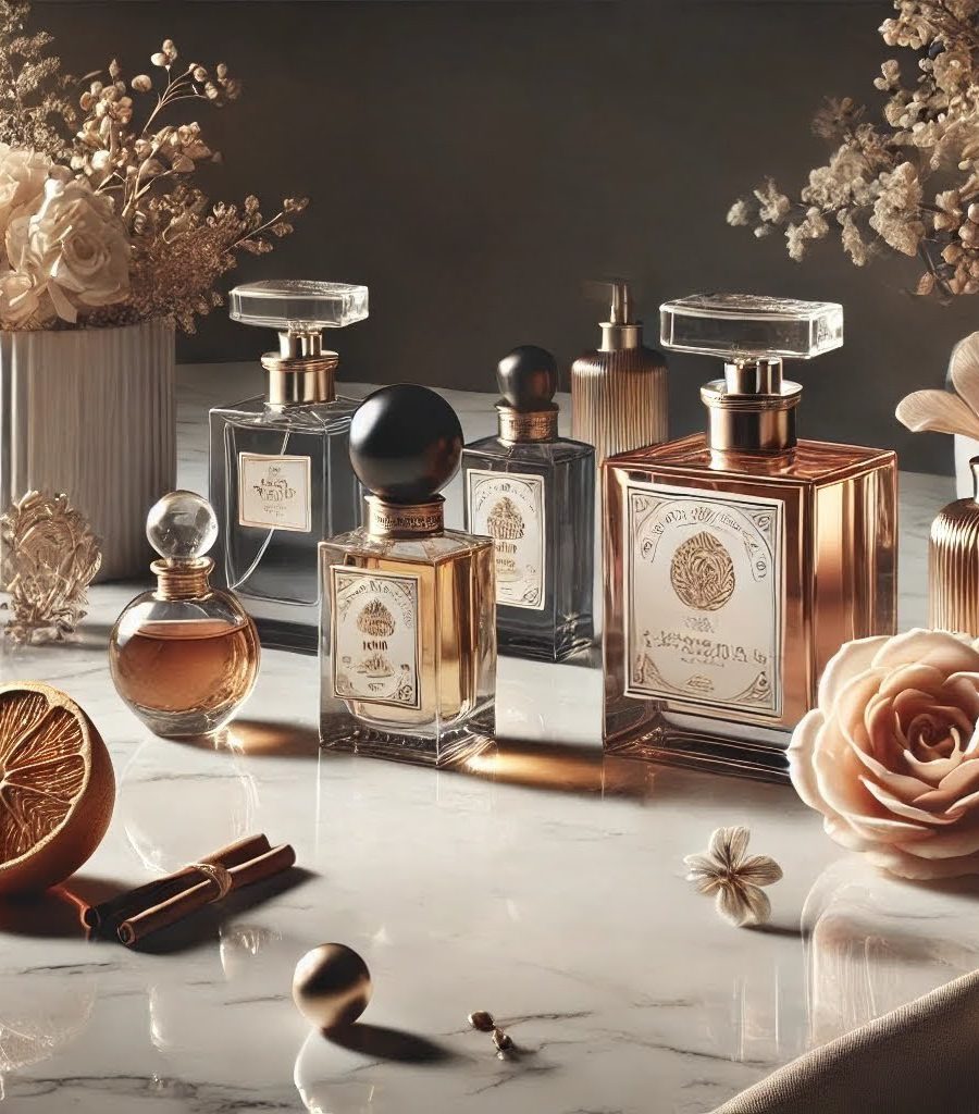 Collezione di flaconi e ingredienti naturali